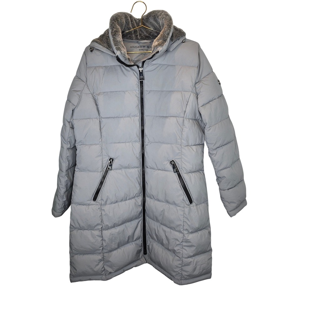 Andrew Marc Puffer Coat Grey Faux Fur Hood Quilted Winter Casual L